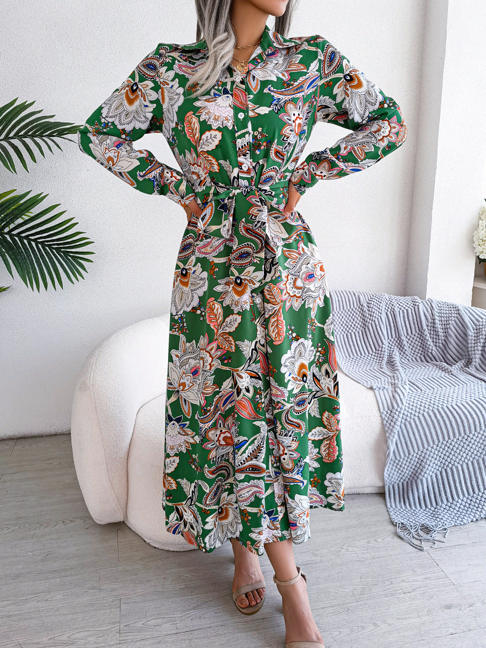 Retro Floral Lapel Tie Shirt Dress