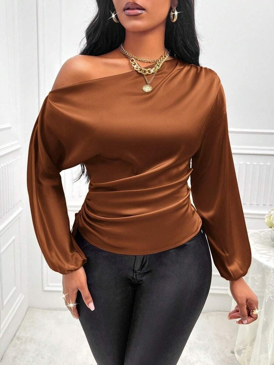 Asymmetrical Long-Sleeved Slope Collar Shirt Top