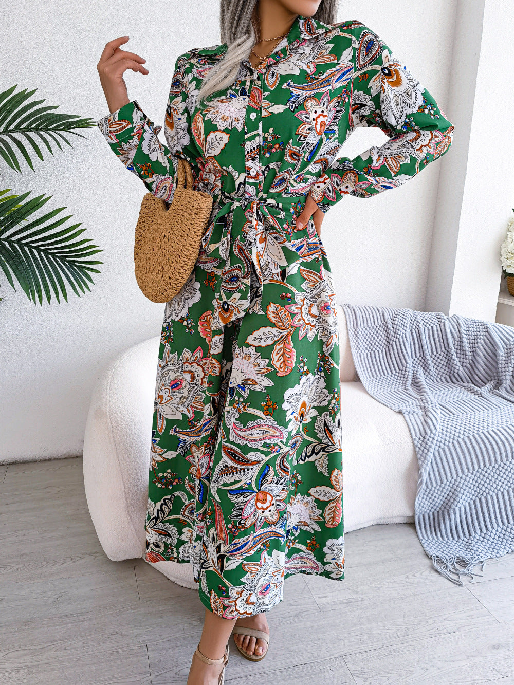 Retro Floral Lapel Tie Shirt Dress