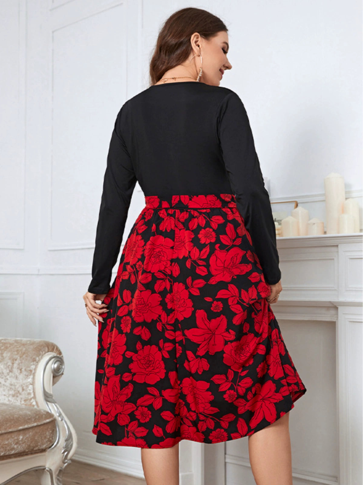 Women  Temperament plus Size Print High Waist Stitching Wide Hem Bubble Skirt