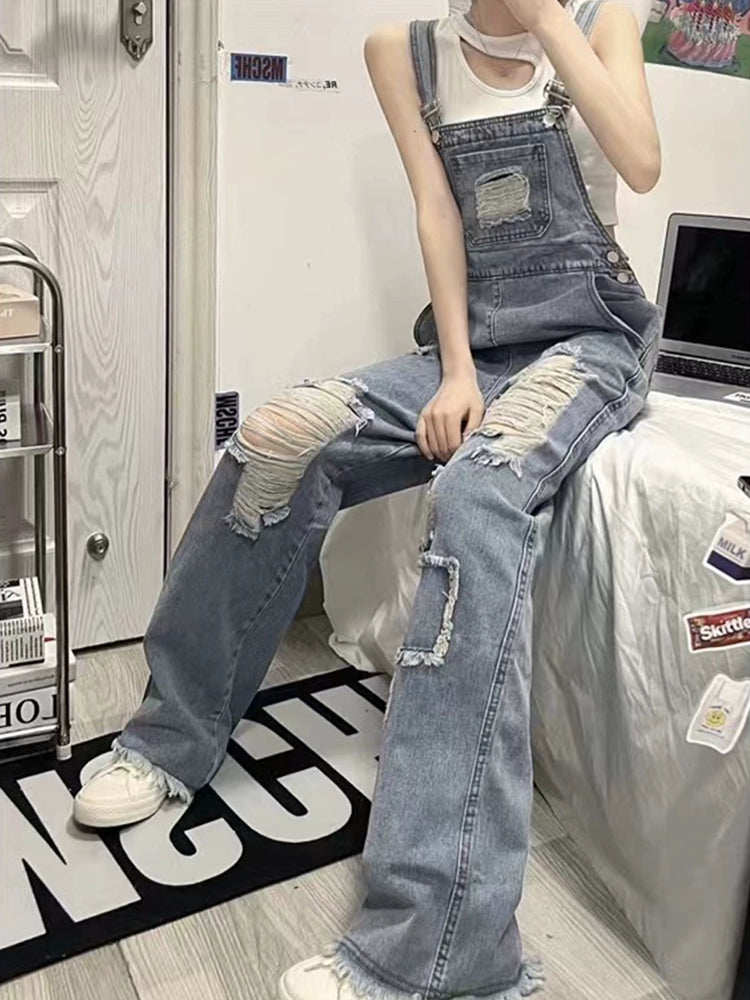 Age-Reducing Ripped Parka Beggar High Denim Suspender Pants