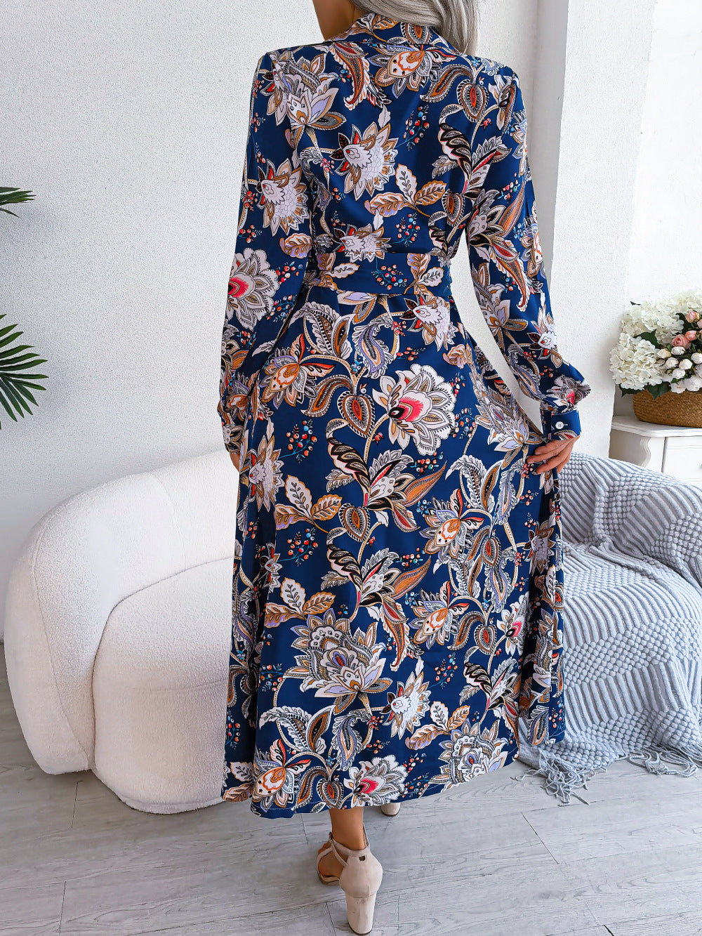 Retro Floral Lapel Tie Shirt Dress