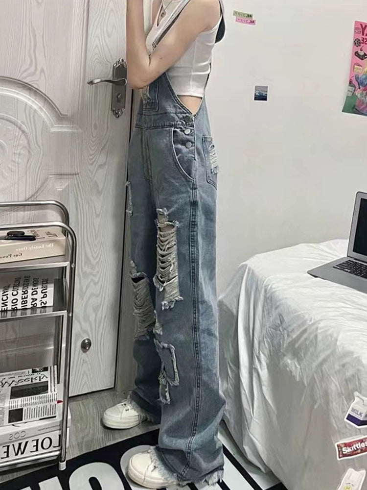 Age-Reducing Ripped Parka Beggar High Denim Suspender Pants