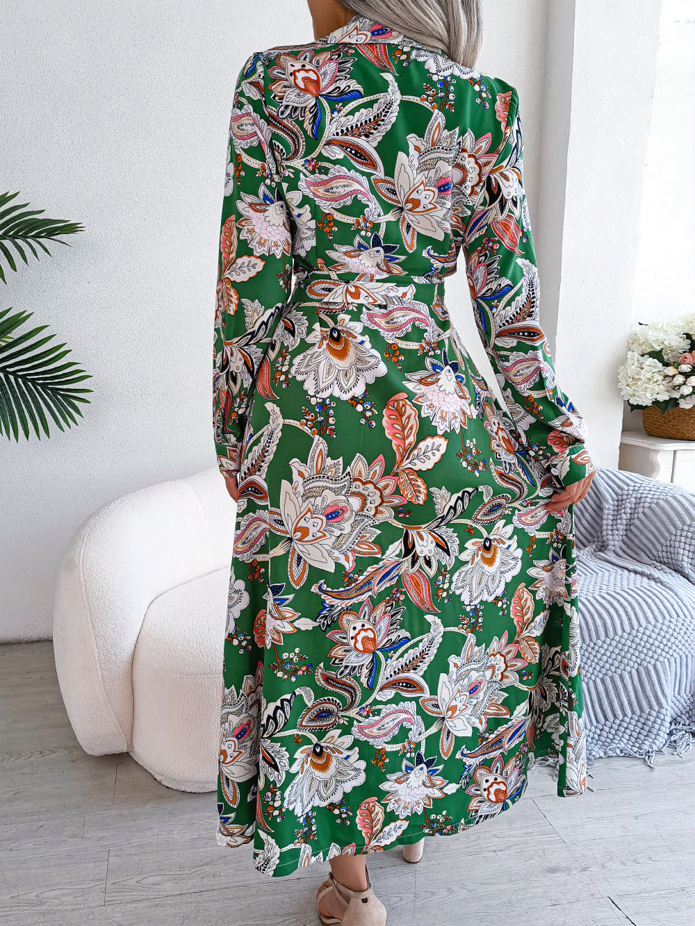 Retro Floral Lapel Tie Shirt Dress