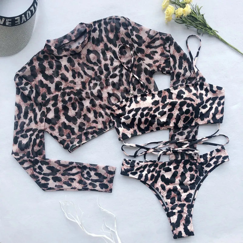Women's Leopard Mesh Crop Top Swimwear Set
