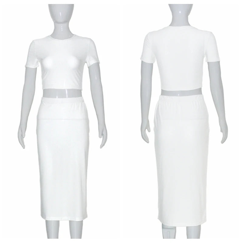 Short Sleeve Crop Tops And Mid Calf Skirt Suit