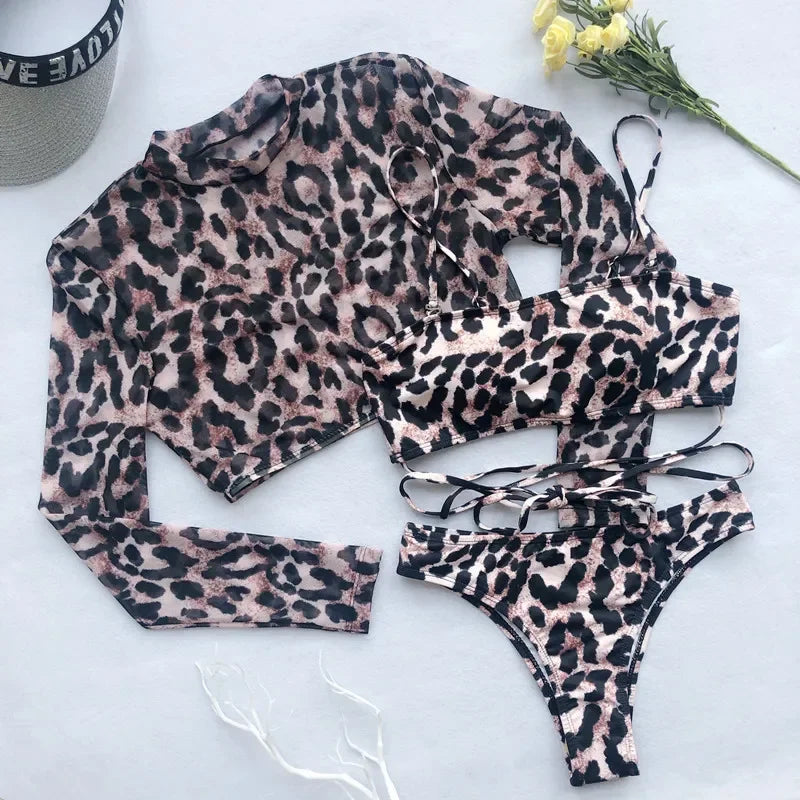 Women's Leopard Mesh Crop Top Swimwear Set