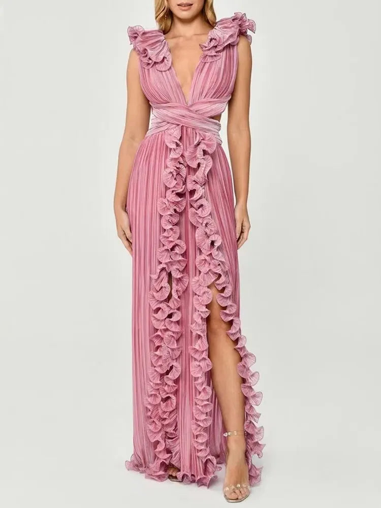 Women's Elegant Ruffle Split Maxi Dress