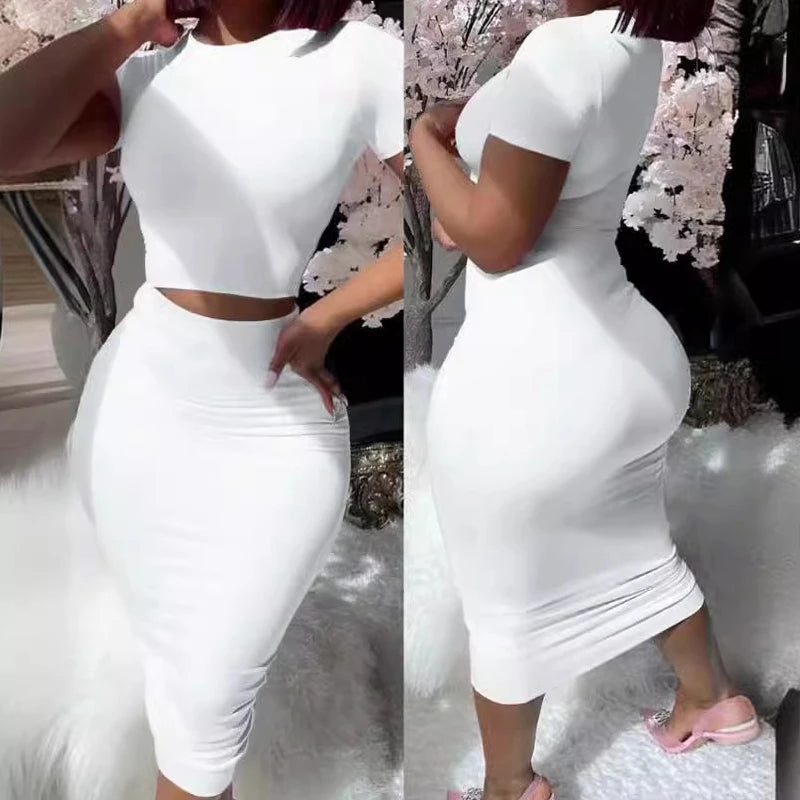 Short Sleeve Crop Tops And Mid Calf Skirt Suit