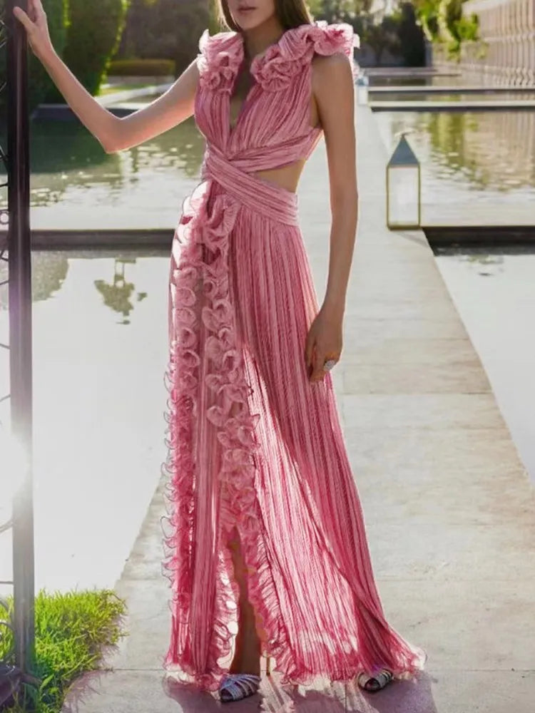 Women's Elegant Ruffle Split Maxi Dress