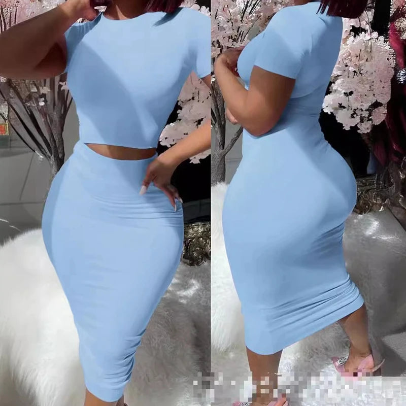 Short Sleeve Crop Tops And Mid Calf Skirt Suit