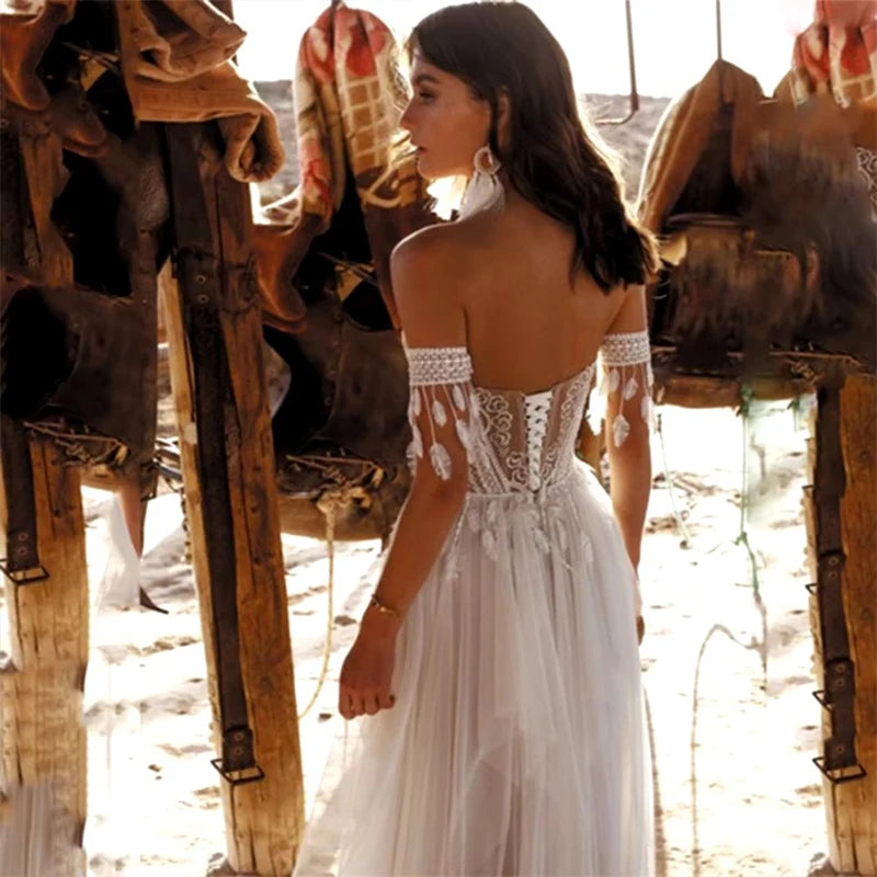 Boho Embroidered Organza Wedding Dress