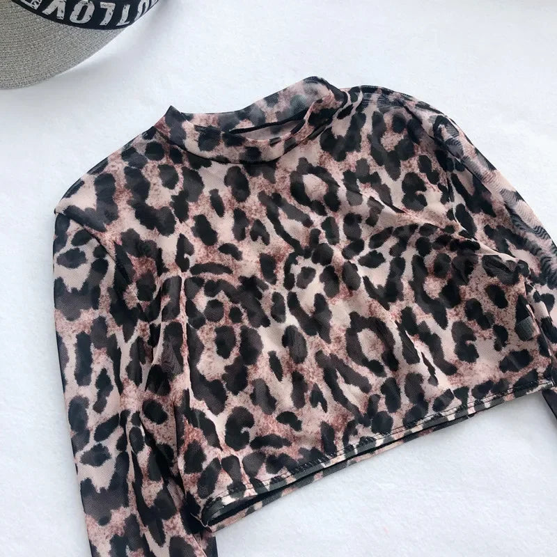 Women's Leopard Mesh Crop Top Swimwear Set