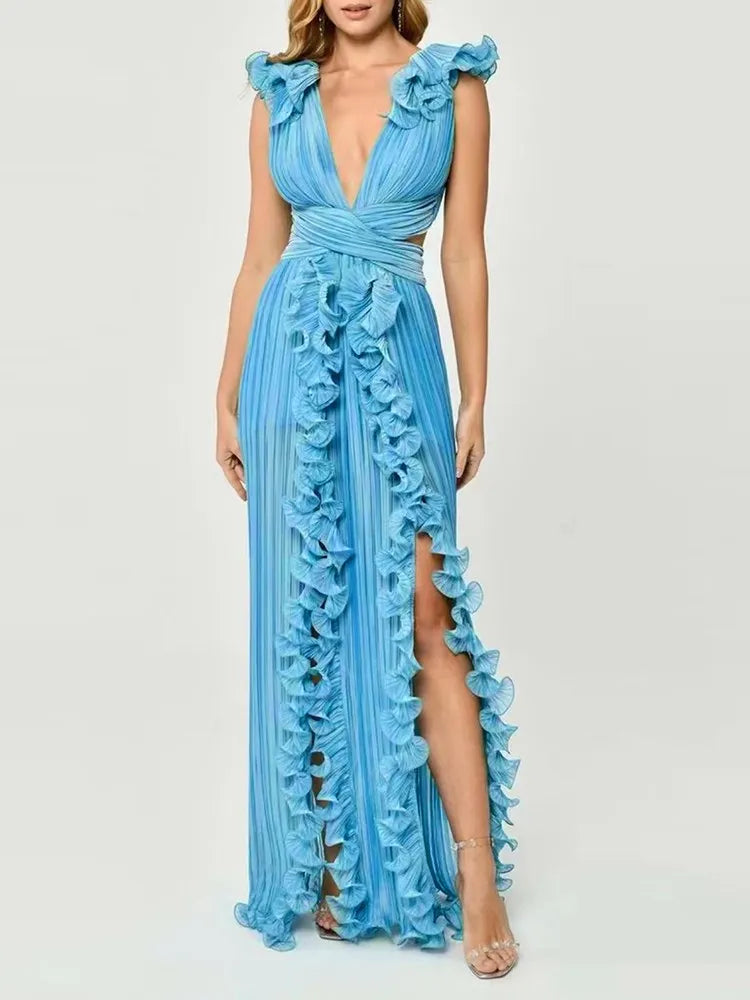 Women's Elegant Ruffle Split Maxi Dress