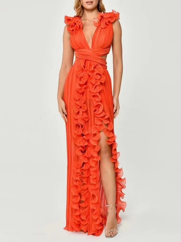 Women's Elegant Ruffle Split Maxi Dress