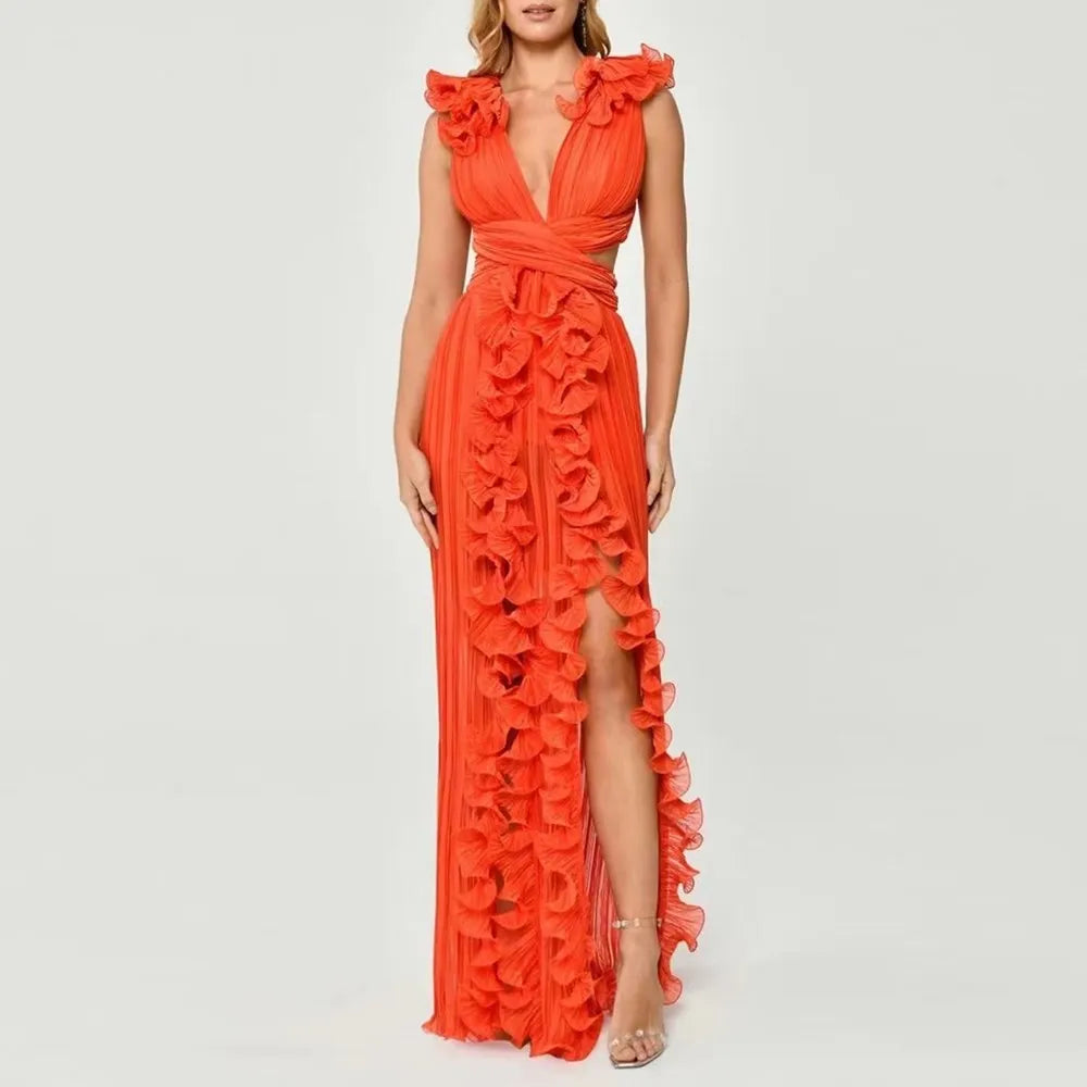 Women's Elegant Ruffle Split Maxi Dress