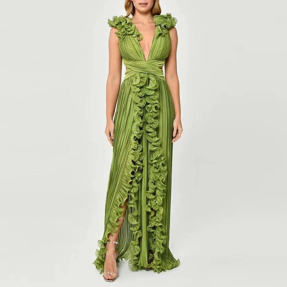 Women's Elegant Ruffle Split Maxi Dress