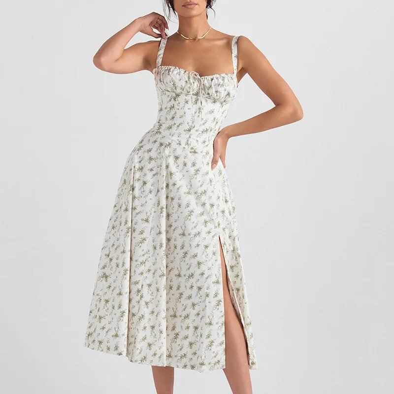 Spaghetti Straps Split Thigh Midi Dress