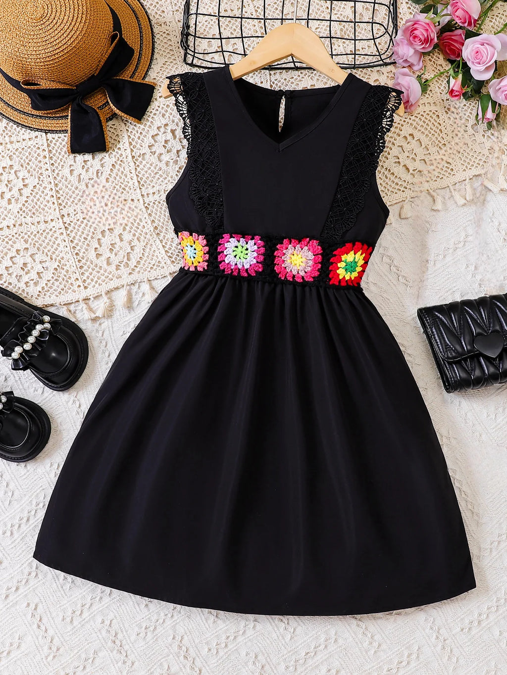 Girls' Black Lace Spliced Fashion Dress