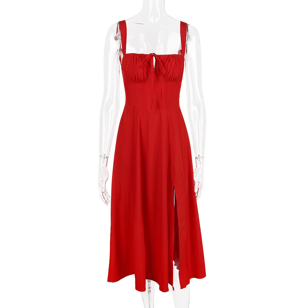 Spaghetti Straps Split Thigh Midi Dress