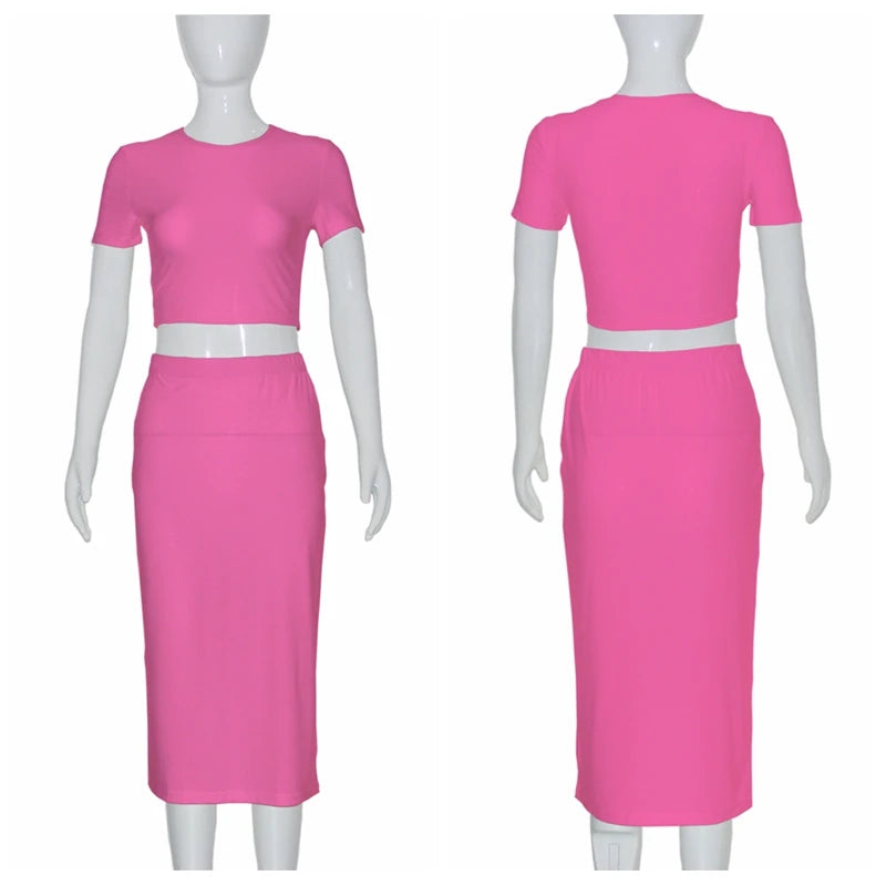 Short Sleeve Crop Tops And Mid Calf Skirt Suit