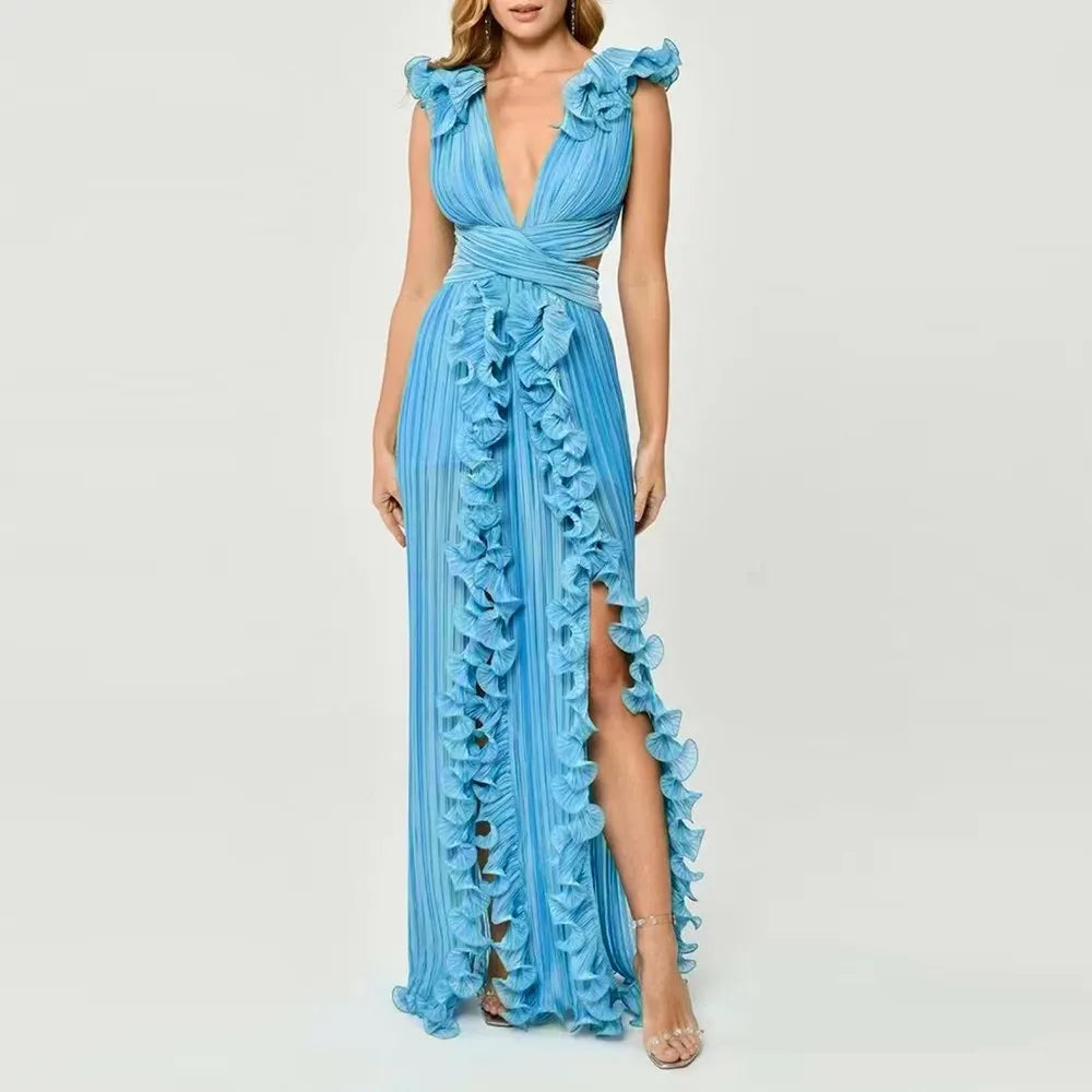 Women's Elegant Ruffle Split Maxi Dress