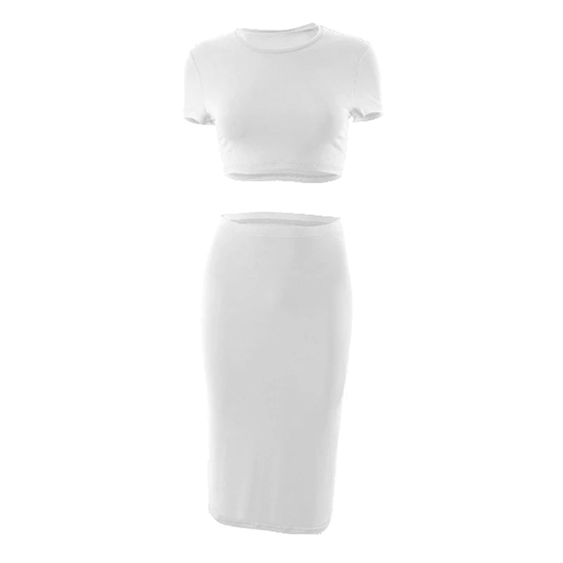 Short Sleeve Crop Tops And Mid Calf Skirt Suit