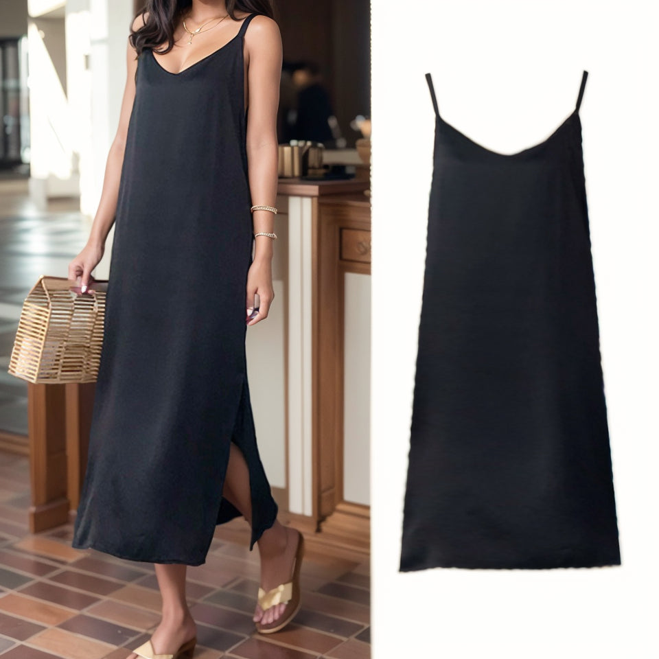 Korean Style V-neck Black Chiffon Sleeveless Slimming Slip Dress