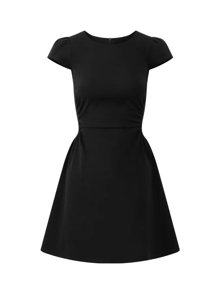 Hepburn Style Black Puff Sleeve Dress