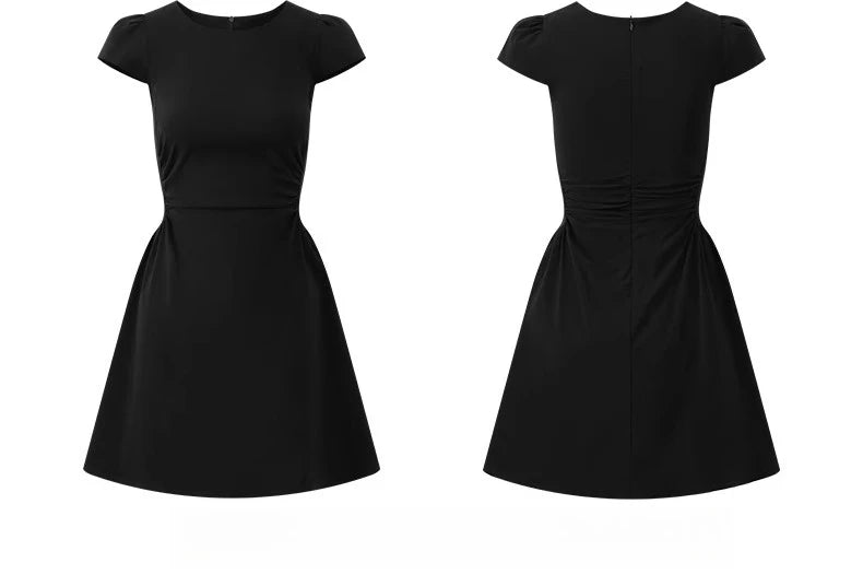 Hepburn Style Black Puff Sleeve Dress