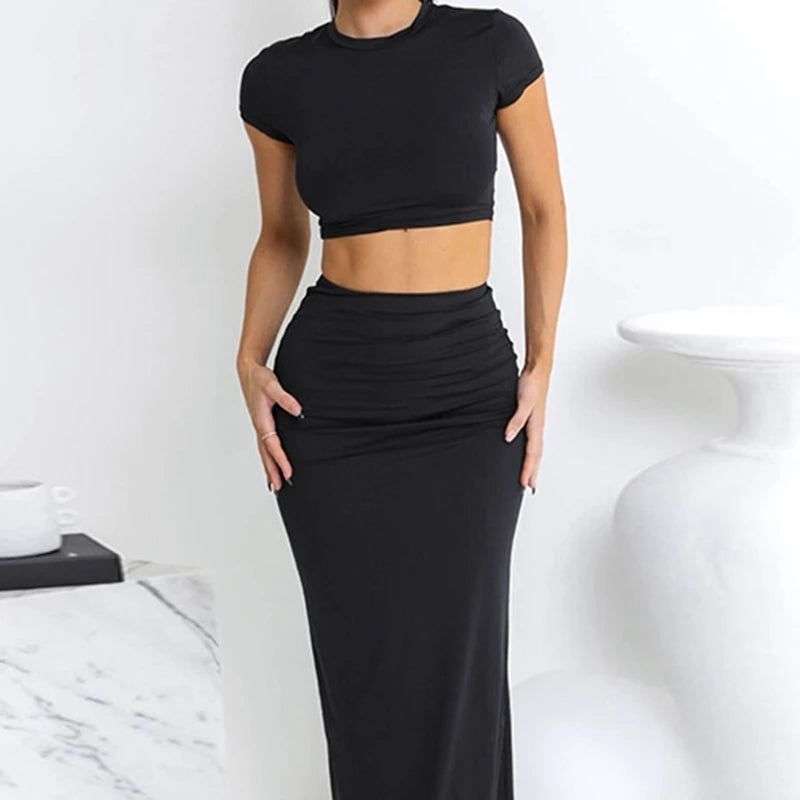 Short Sleeve Crop Tops And Mid Calf Skirt Suit