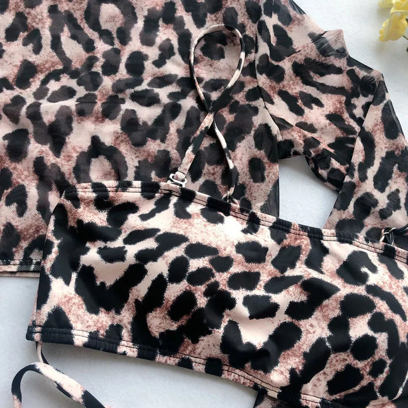 Women's Leopard Mesh Crop Top Swimwear Set