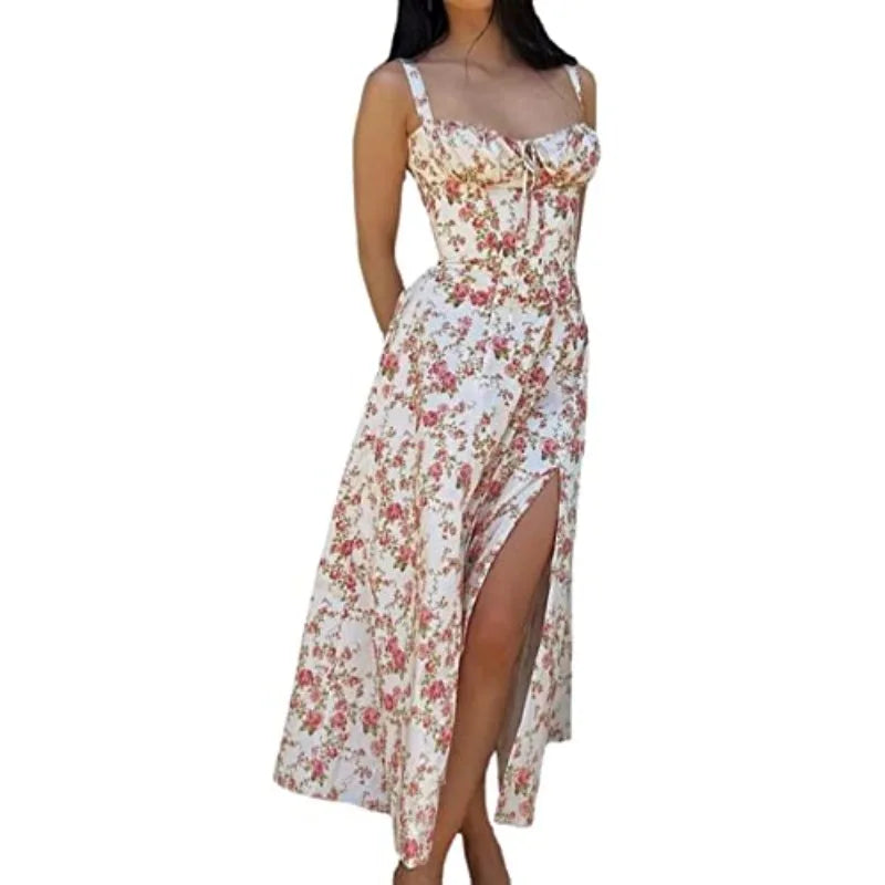 Spaghetti Straps Split Thigh Midi Dress