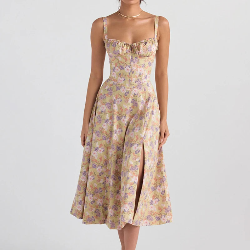 Spaghetti Straps Split Thigh Midi Dress