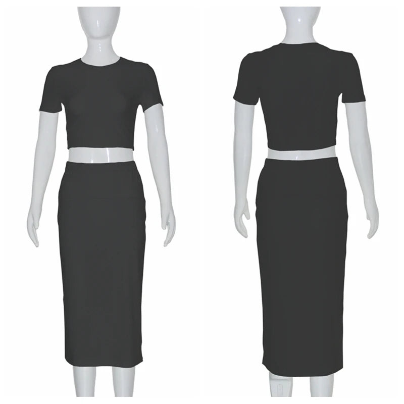 Short Sleeve Crop Tops And Mid Calf Skirt Suit