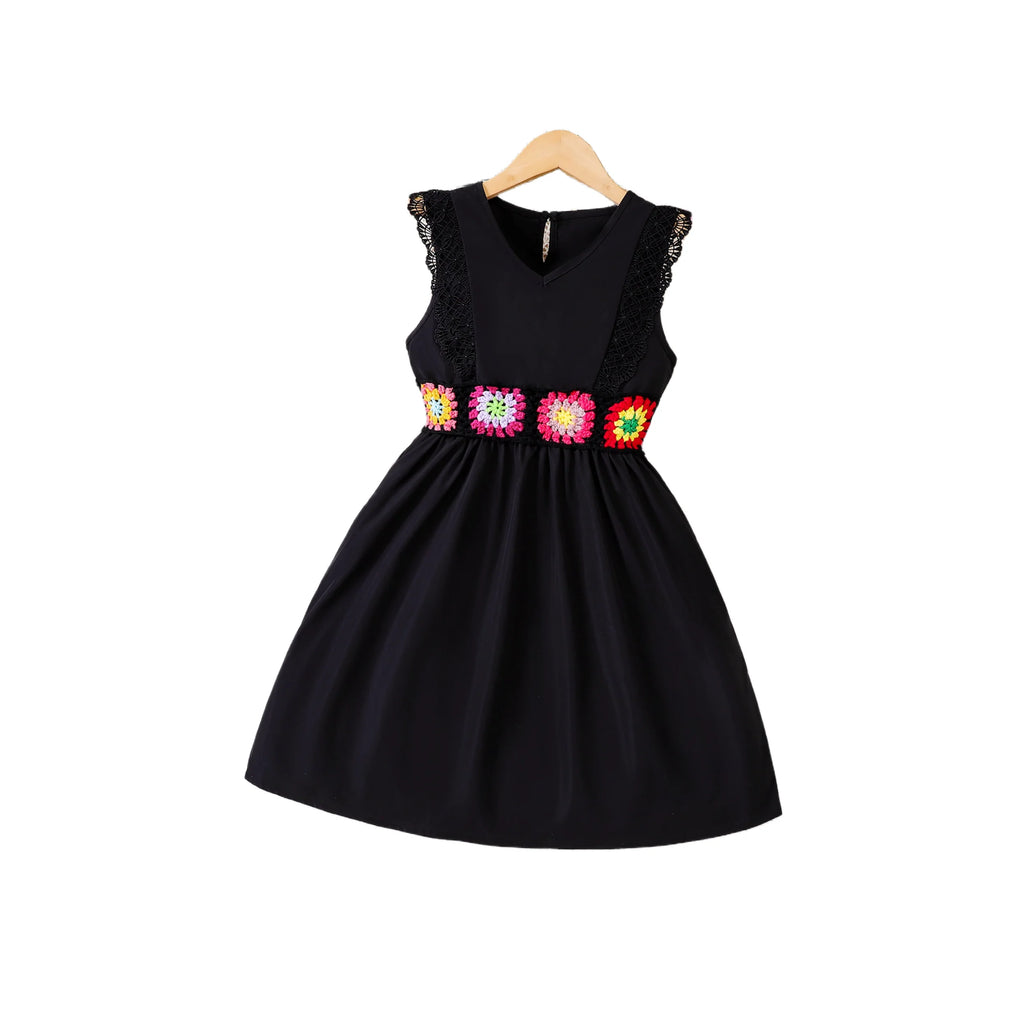 Girls' Black Lace Spliced Fashion Dress