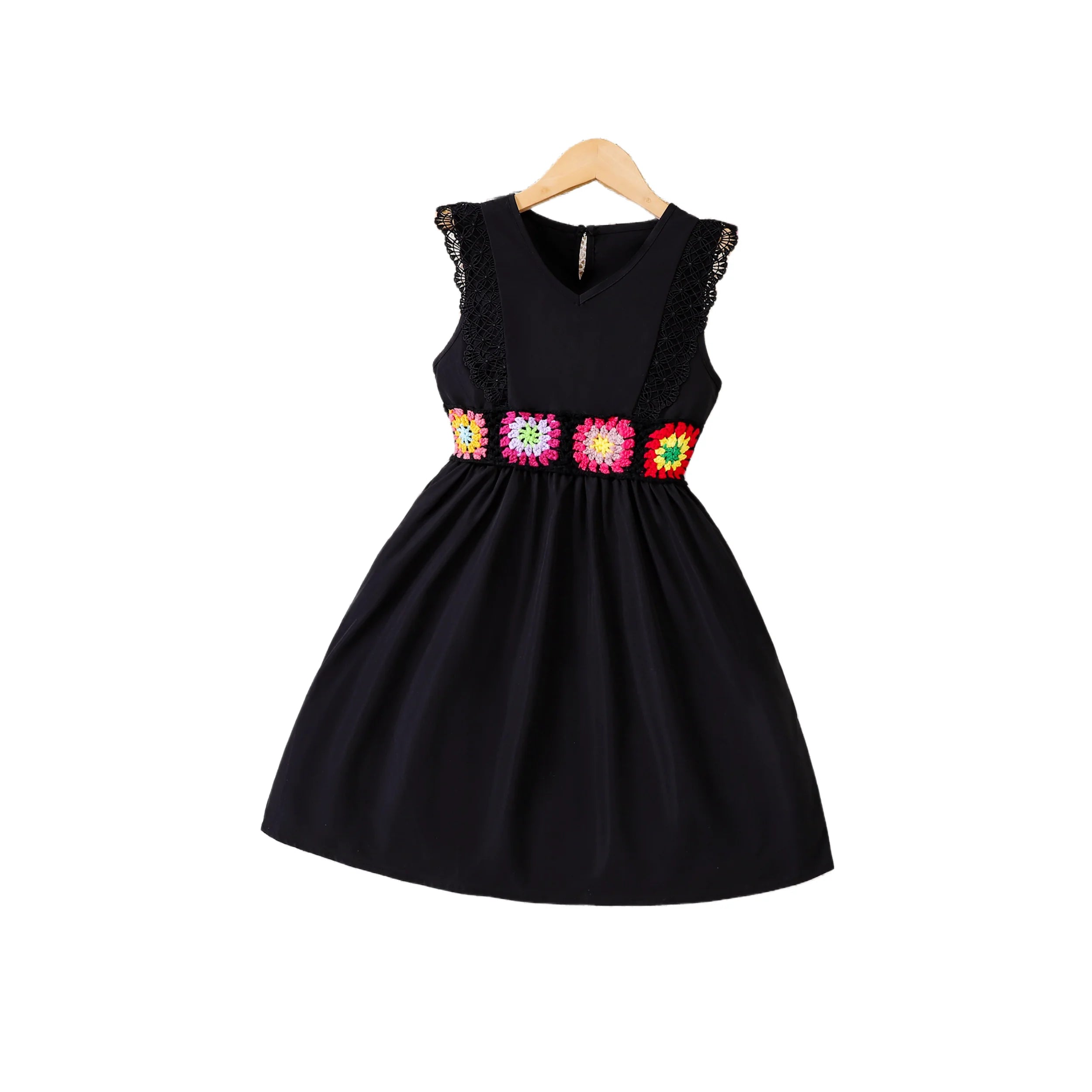 Girls' Black Lace Spliced Fashion Dress