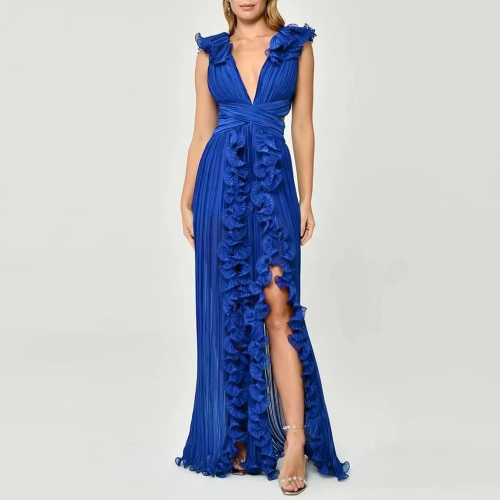 Women's Elegant Ruffle Split Maxi Dress