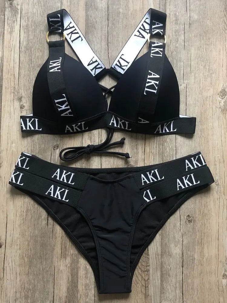 Women's Letter Print Push-Up Bikini Set