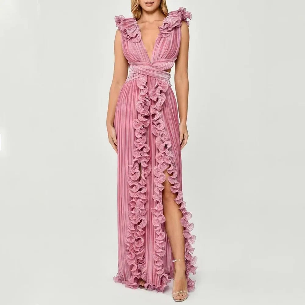 Women's Elegant Ruffle Split Maxi Dress