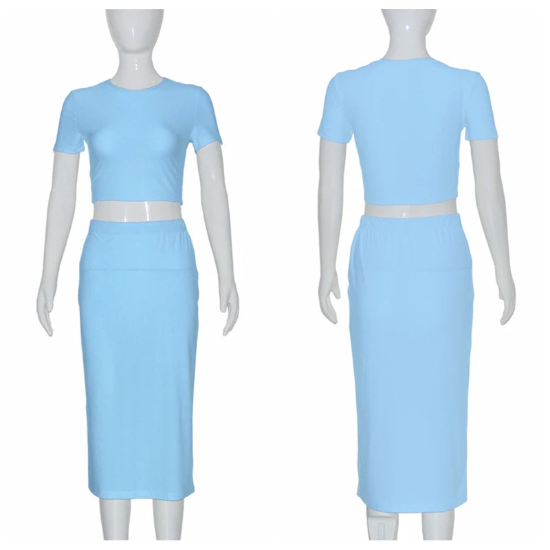 Short Sleeve Crop Tops And Mid Calf Skirt Suit