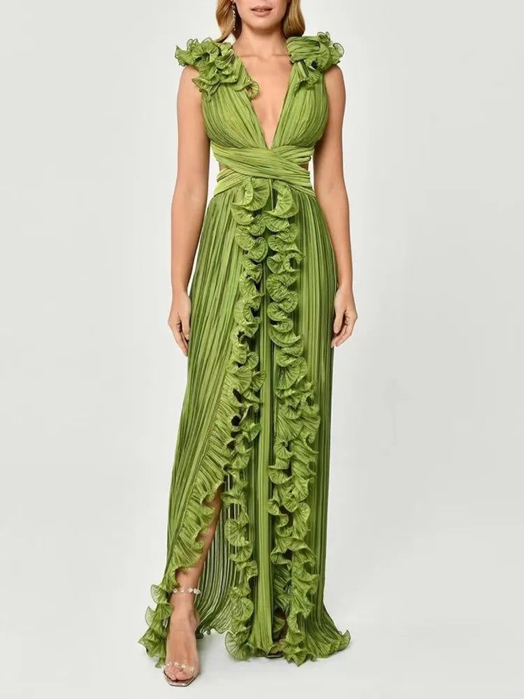 Women's Elegant Ruffle Split Maxi Dress