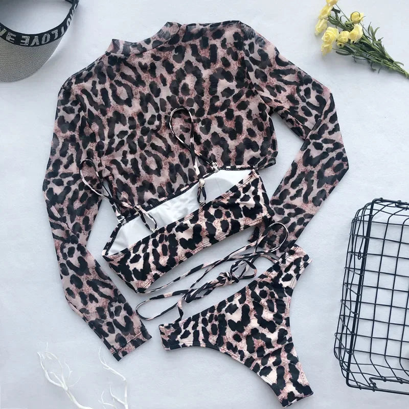 Women's Leopard Mesh Crop Top Swimwear Set