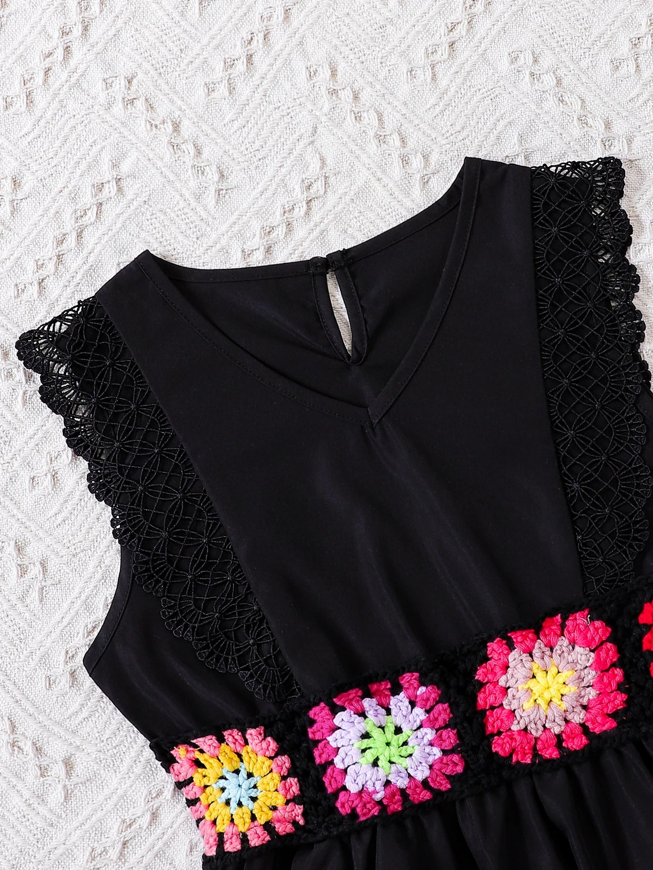 Girls' Black Lace Spliced Fashion Dress