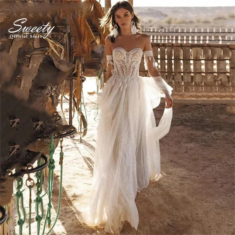 Boho Embroidered Organza Wedding Dress
