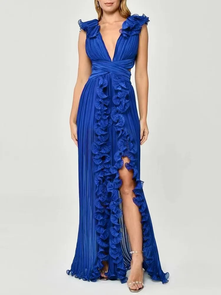 Women's Elegant Ruffle Split Maxi Dress