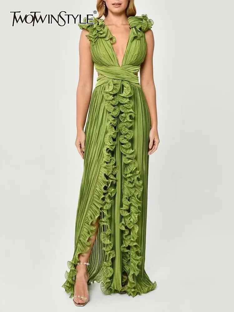Women's Elegant Ruffle Split Maxi Dress