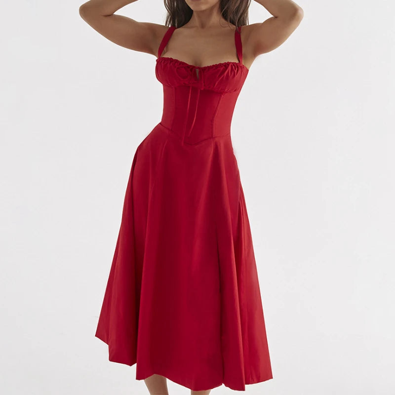 Spaghetti Straps Split Thigh Midi Dress
