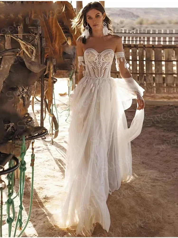 Boho Embroidered Organza Wedding Dress