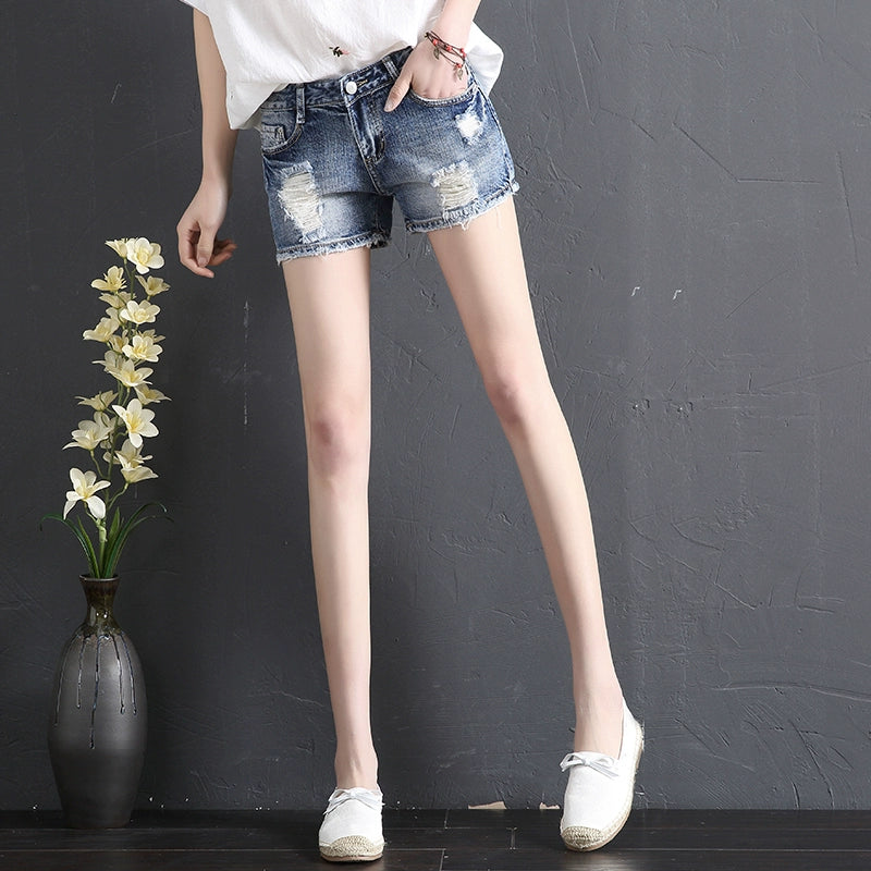 Korean-Style Casual Harem Denim Ripped Shorts